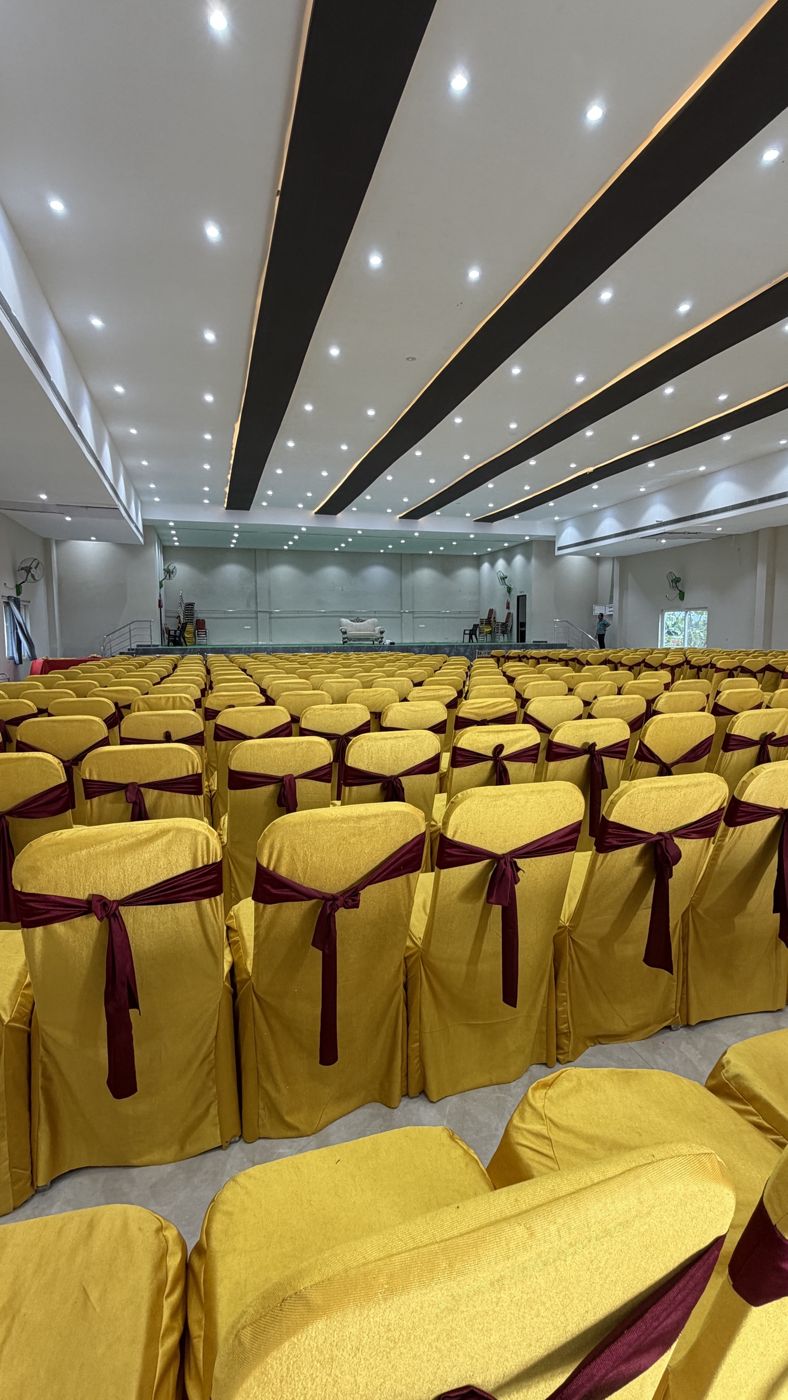 Function hall set up with seating for an event