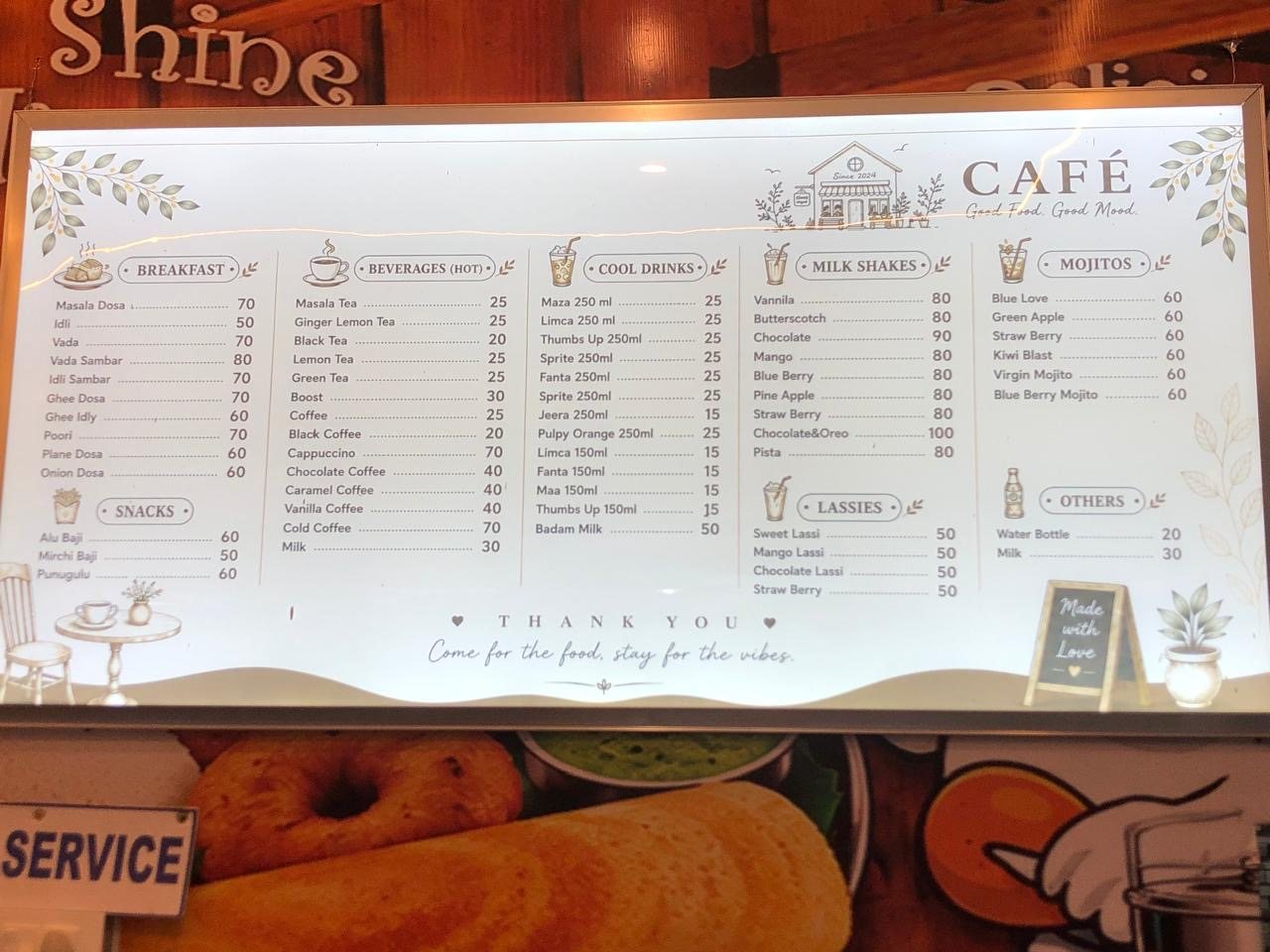 Café menu board: breakfast, tea, coffee, shakes and mojitos