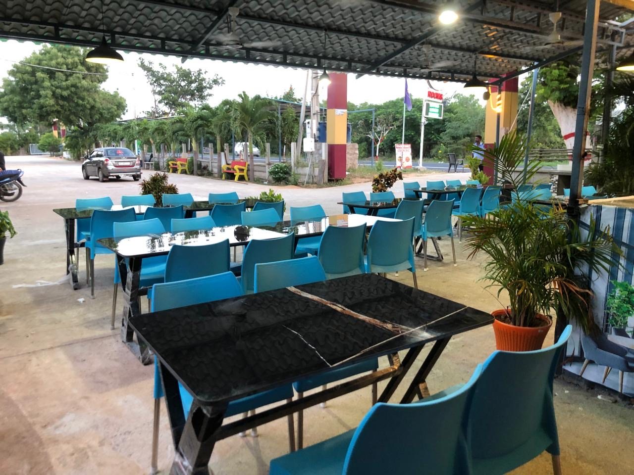 Covered seating facing the highway